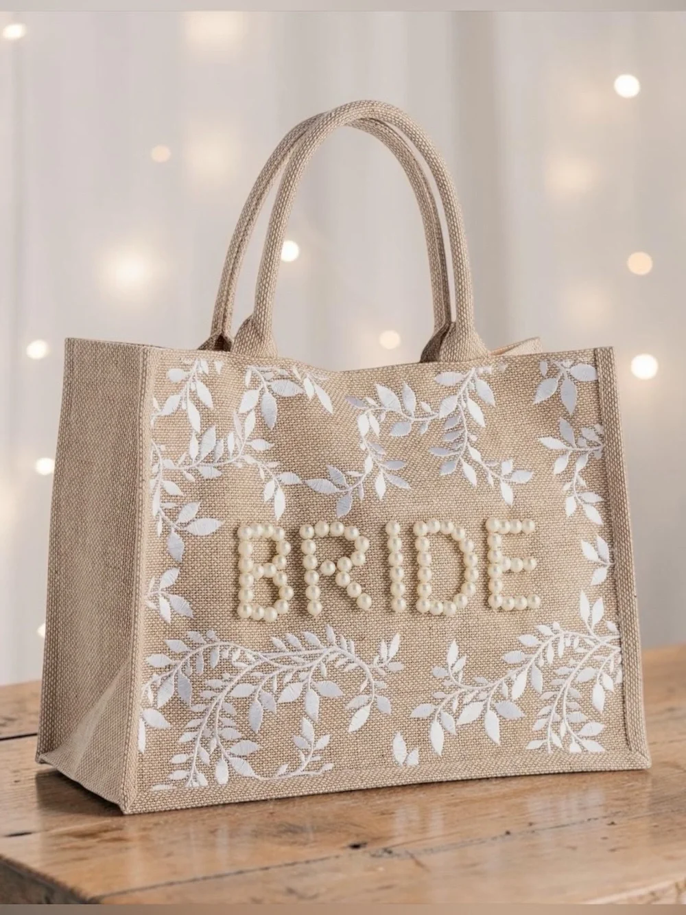 Shiraleah Natural Jute Bride Tote with Pearl Lettering